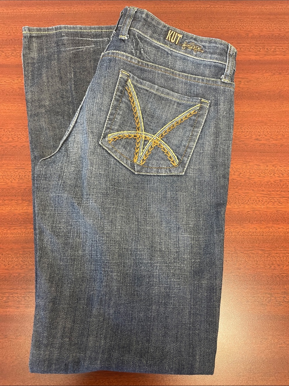 Kut from the Kloth straight leg Blue Denim Jeans with Yellow Stitching